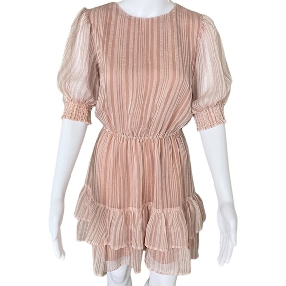 A. Calin by Flying Tomato pink ivory stripes puff sleeves layered ruffle dress S - Picture 2 of 9